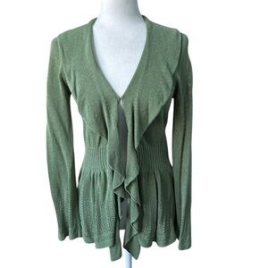 Lakeland Long Sleeve Ruffle Front Knit Olive Green Cardigan Sweater Size UK12
